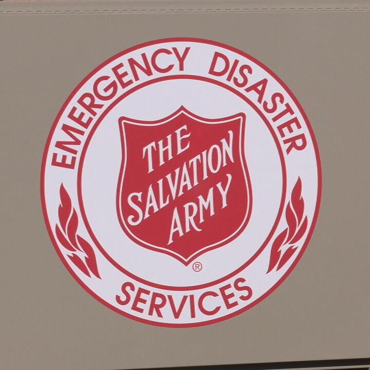 Salvation Army logo on temporary shelter